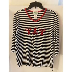Quaker Factory Stripes Lobsters Bling large L Red Black White stripes Shirt Top
